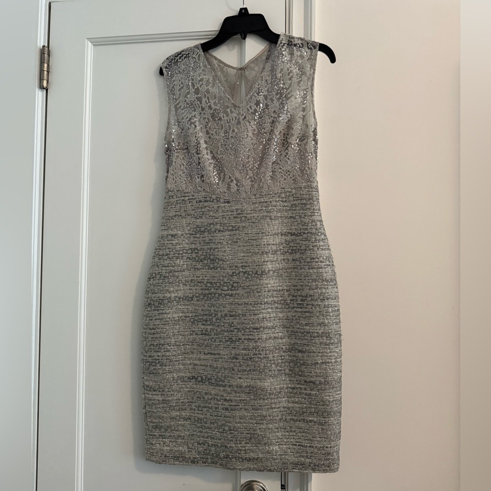 Kay Unger Silver Sequin Sheath Midi Dress